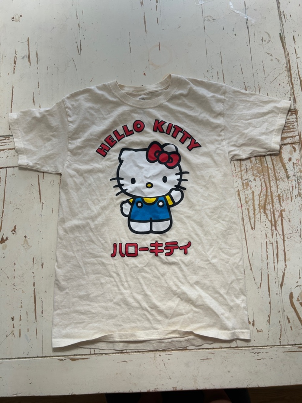 Hello Kitty White Tee with Red Bow and Blue Overalls